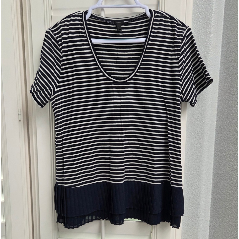 J. Crew Striped Tee Shirt Pleated Hem Short Sleeve Top Nautical Size S‎